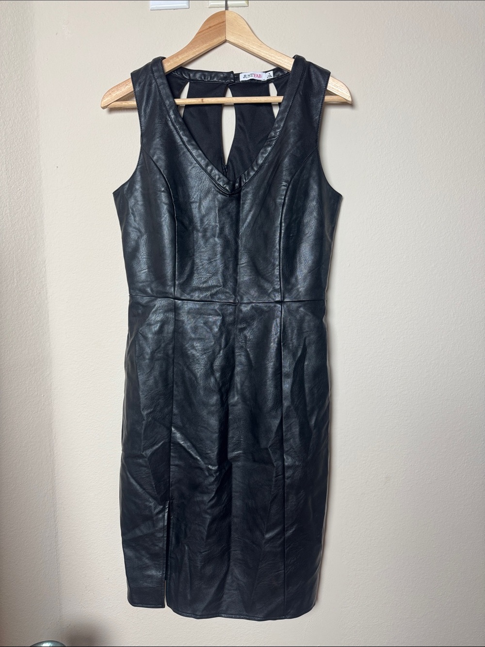 JustFab Black Faux Leather V-Neck Sheath Dress